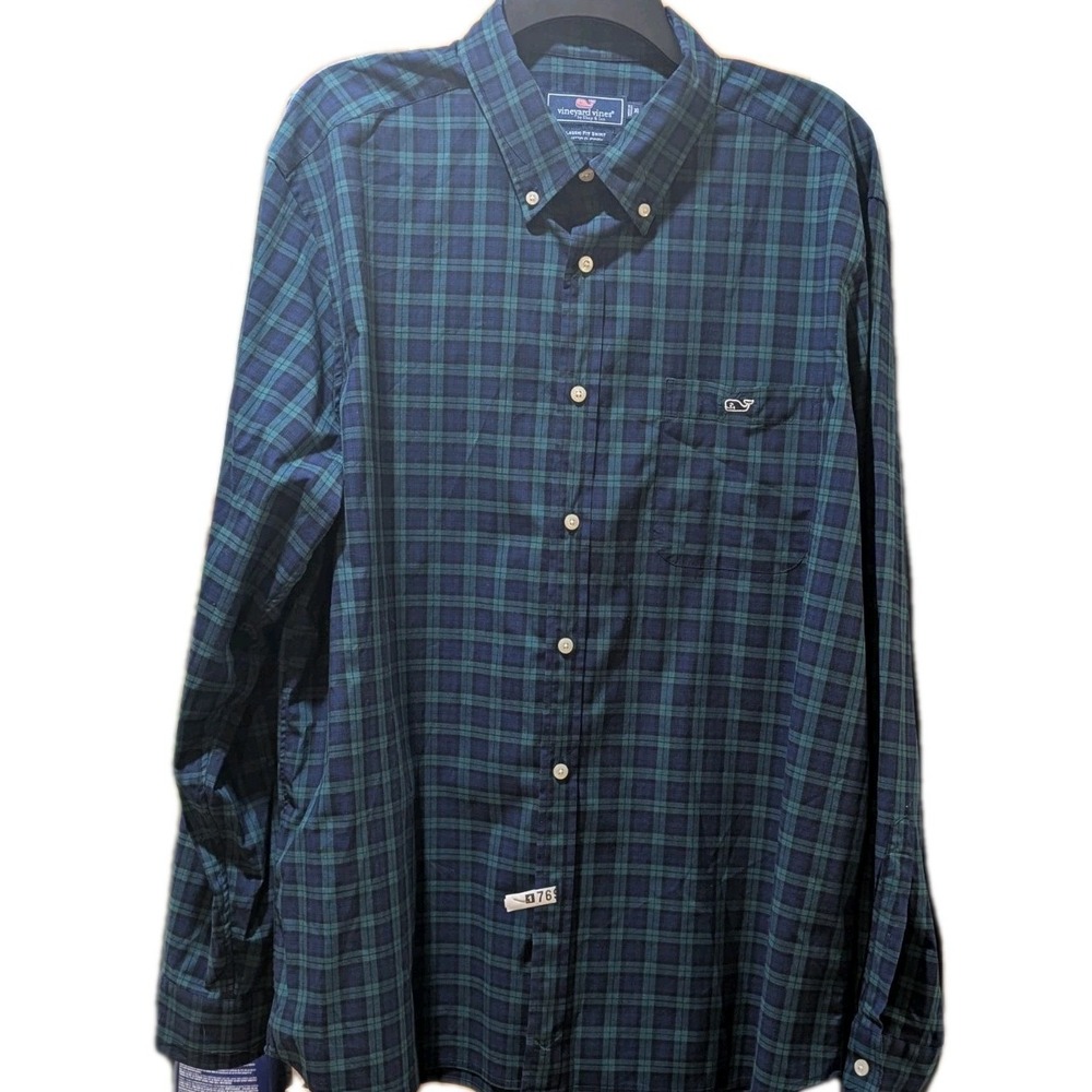 Vineyard Vines Whale Shirt Mens XL Blue & Green Classic Plaid Long Sleeve Cotton